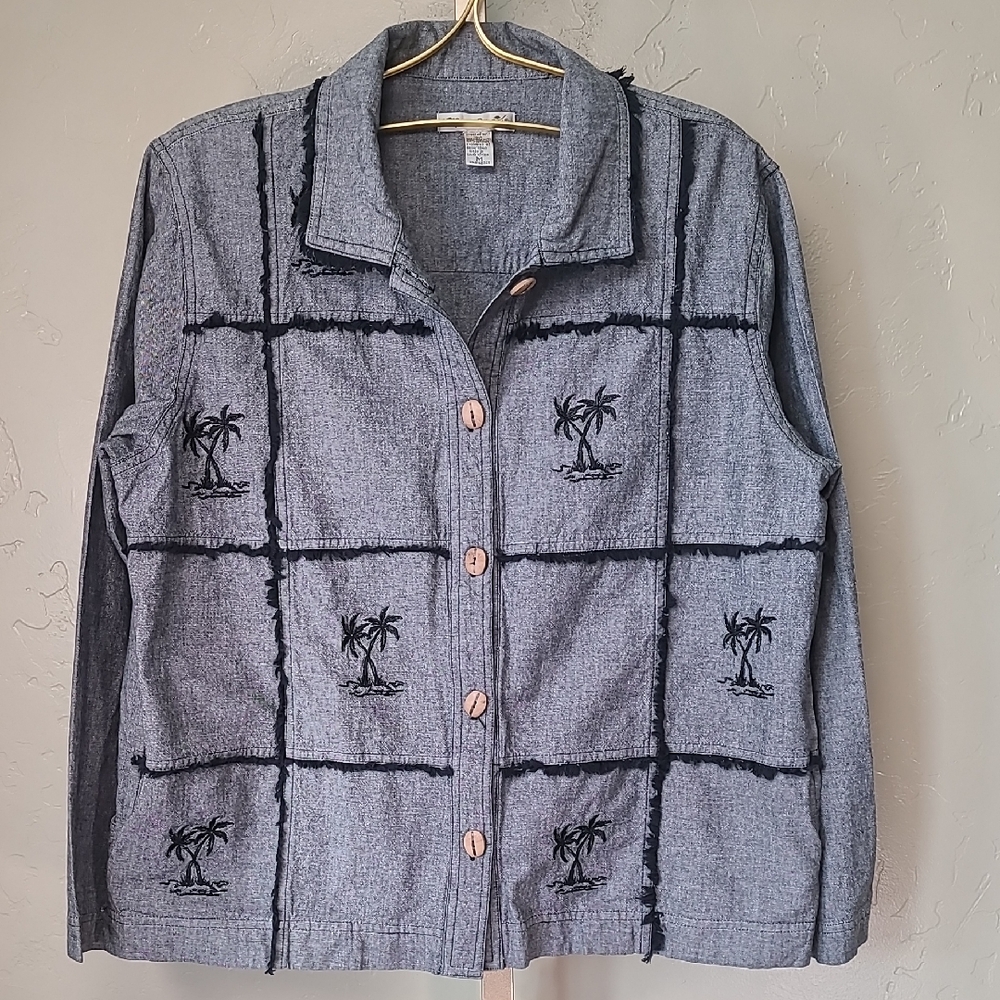 Mureli Gray 100% Cotton‎ Vintage Lightweight Jean Jacket Palm Trees